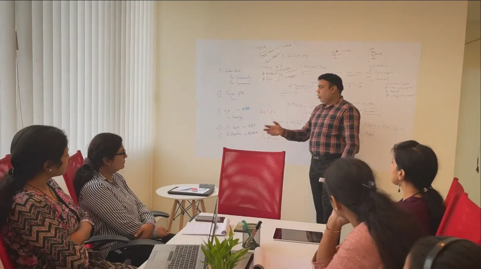 Mohammed Lokhandwala discussing ideas at the whiteboard with the Acumen team.